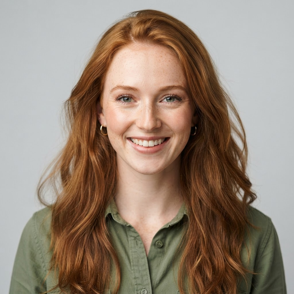 Shopper with auburn hair in an olive shirt
